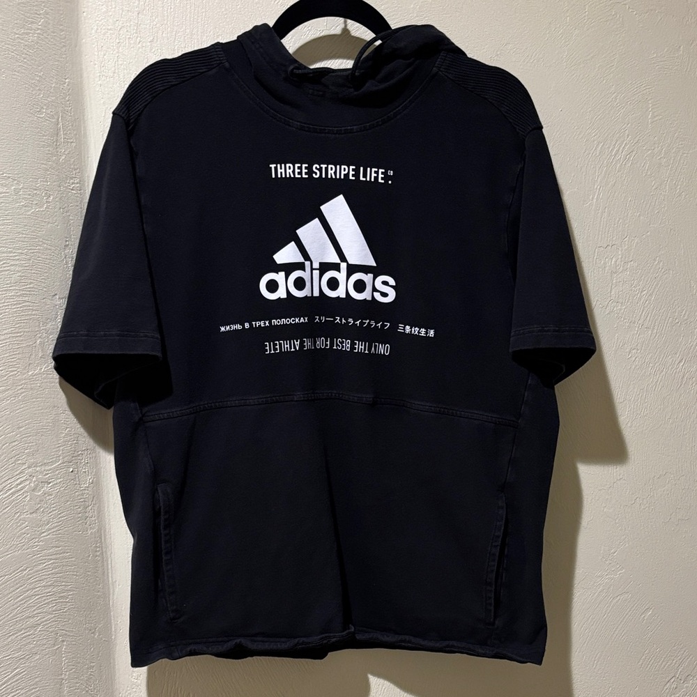 Adidas Men’s Black Short-Sleeve Hoodie with Bold Logo Size Large